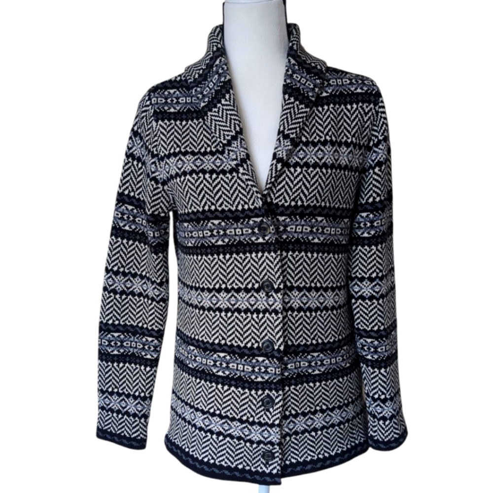 Chaps Geometric Collared Button-up Cardigan Sweater MEDIUM Black Gray